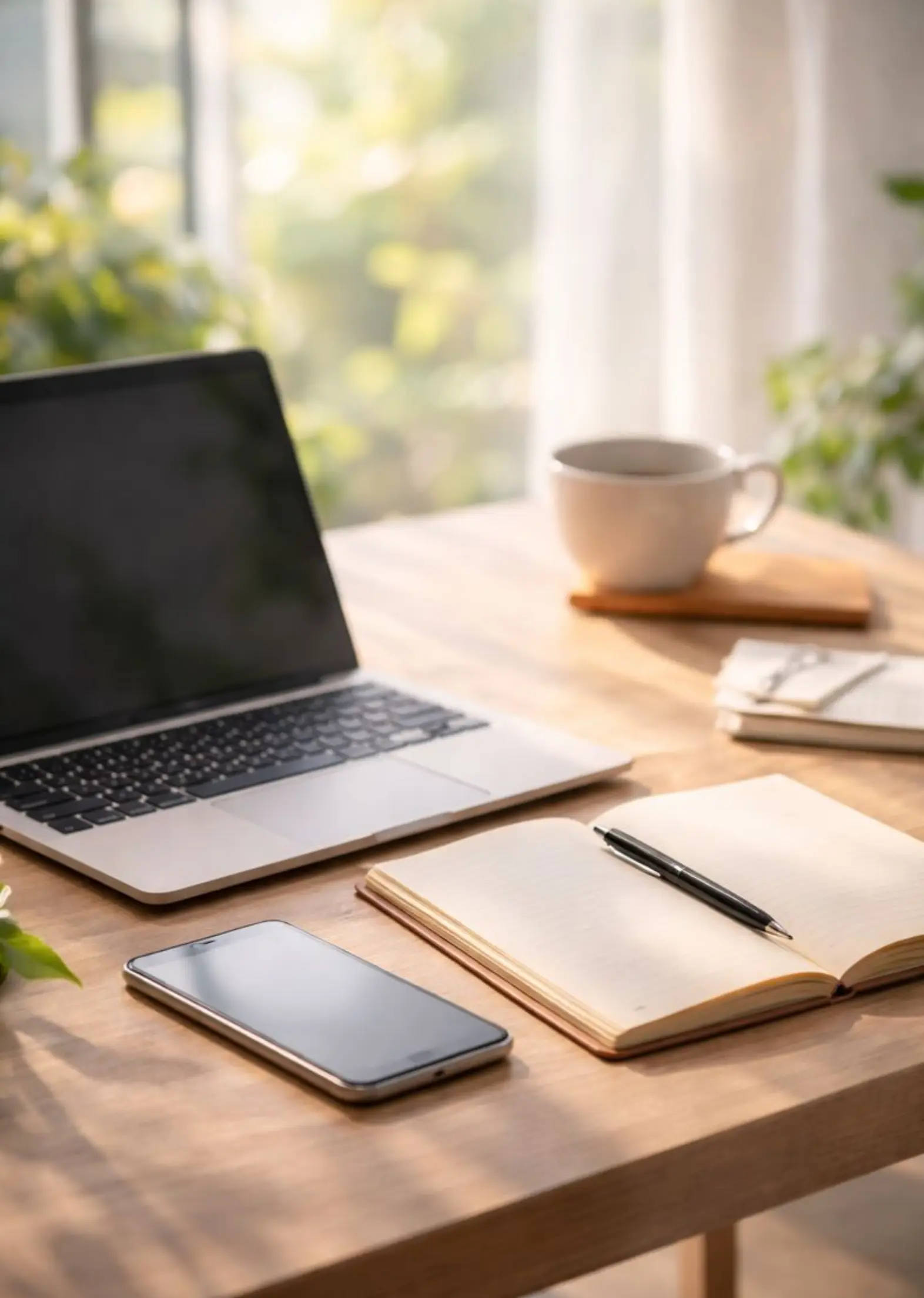 柔らかい自然光を浴びながら、緑の草木に手を伸ばす様子